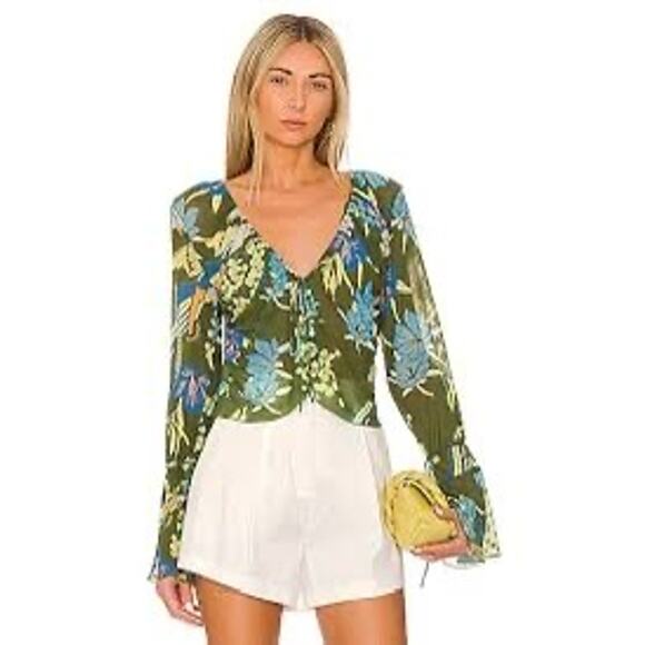 FREE PEOPLE Of Paradise Top Palm Combo Mesh Rouched Blouse Revolve EUC Sz Small - Picture 1 of 9